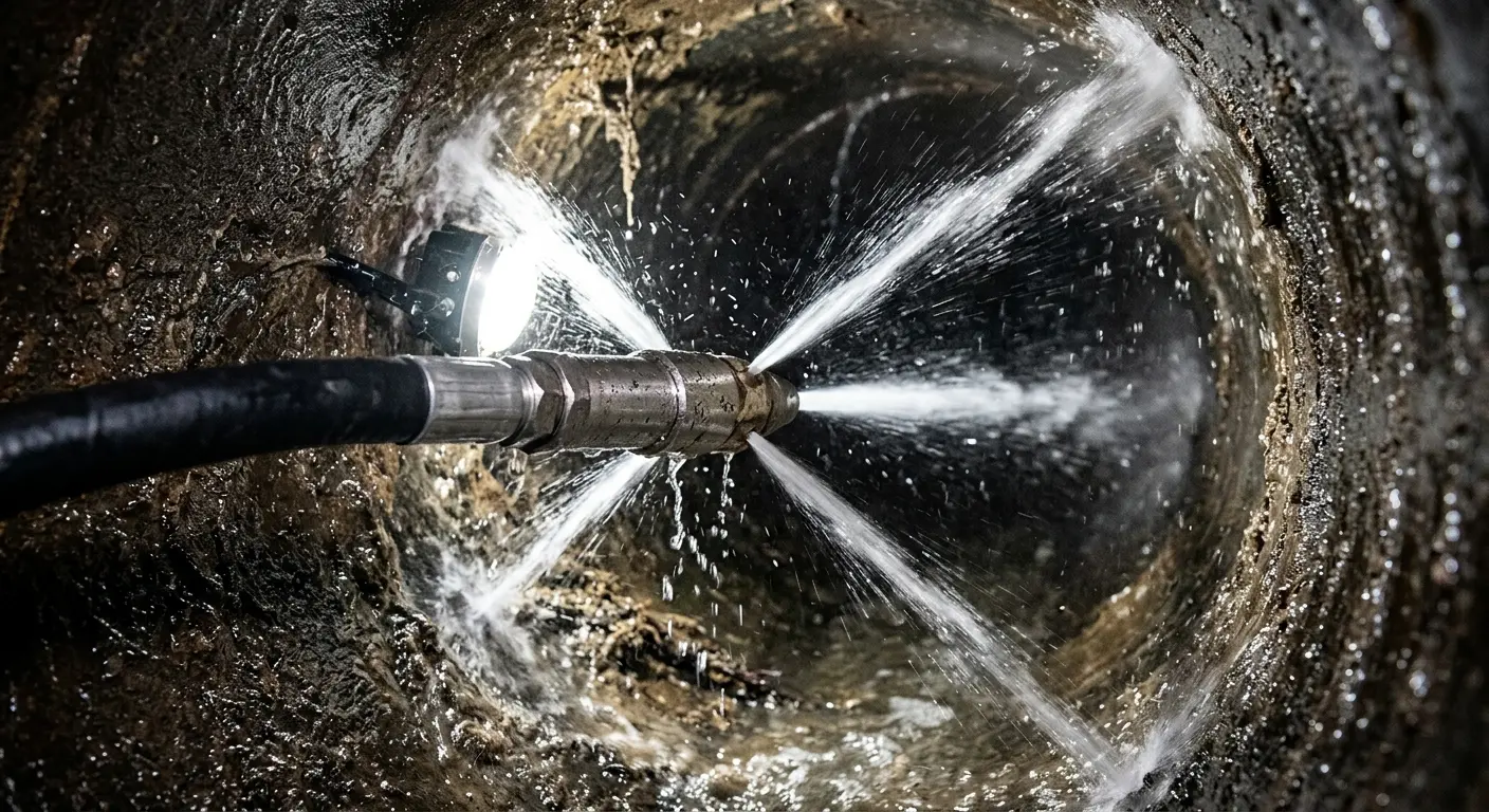 High-pressure hydro jetting nozzle cleaning sewer pipe for Emergency Drain Service in Welby