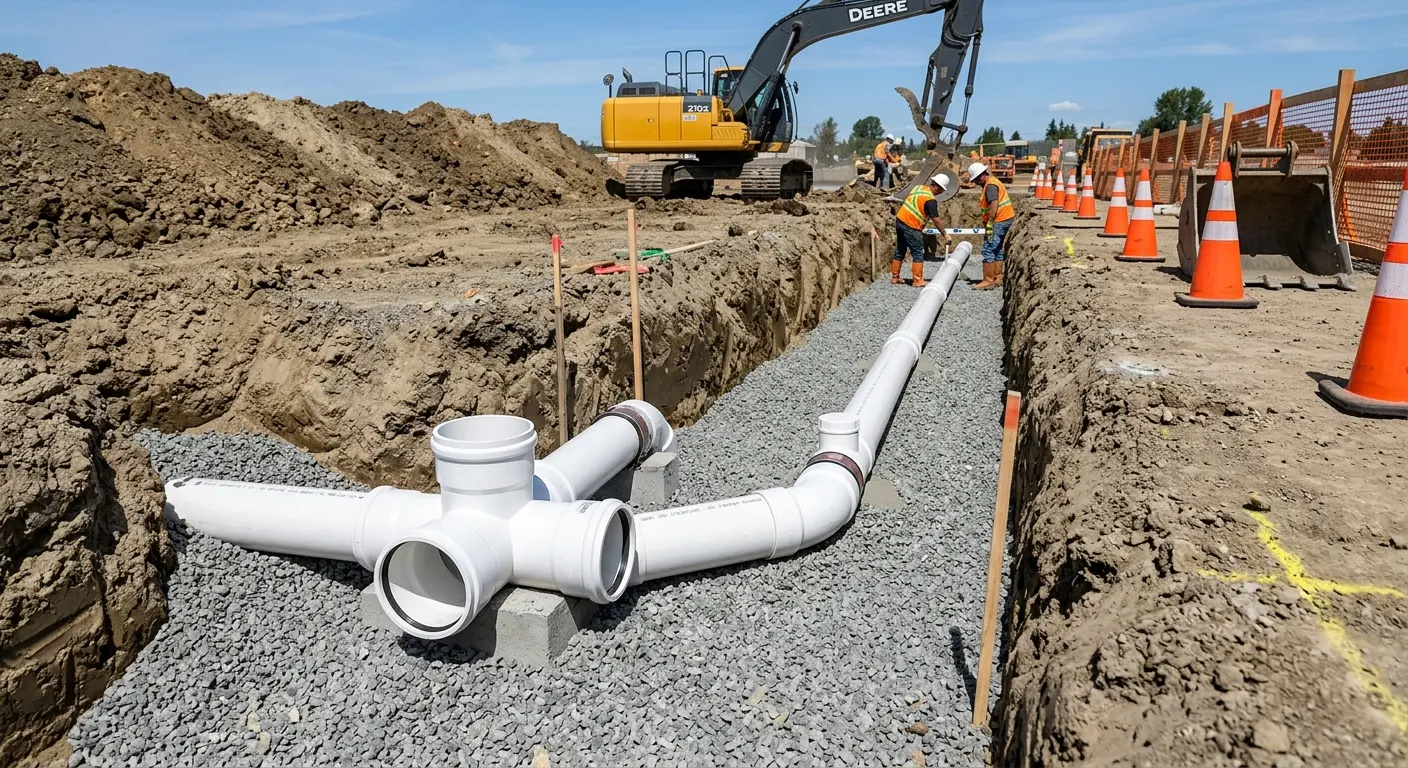 New PVC sewer pipe installation in open trench for Sewer Backup in Welby