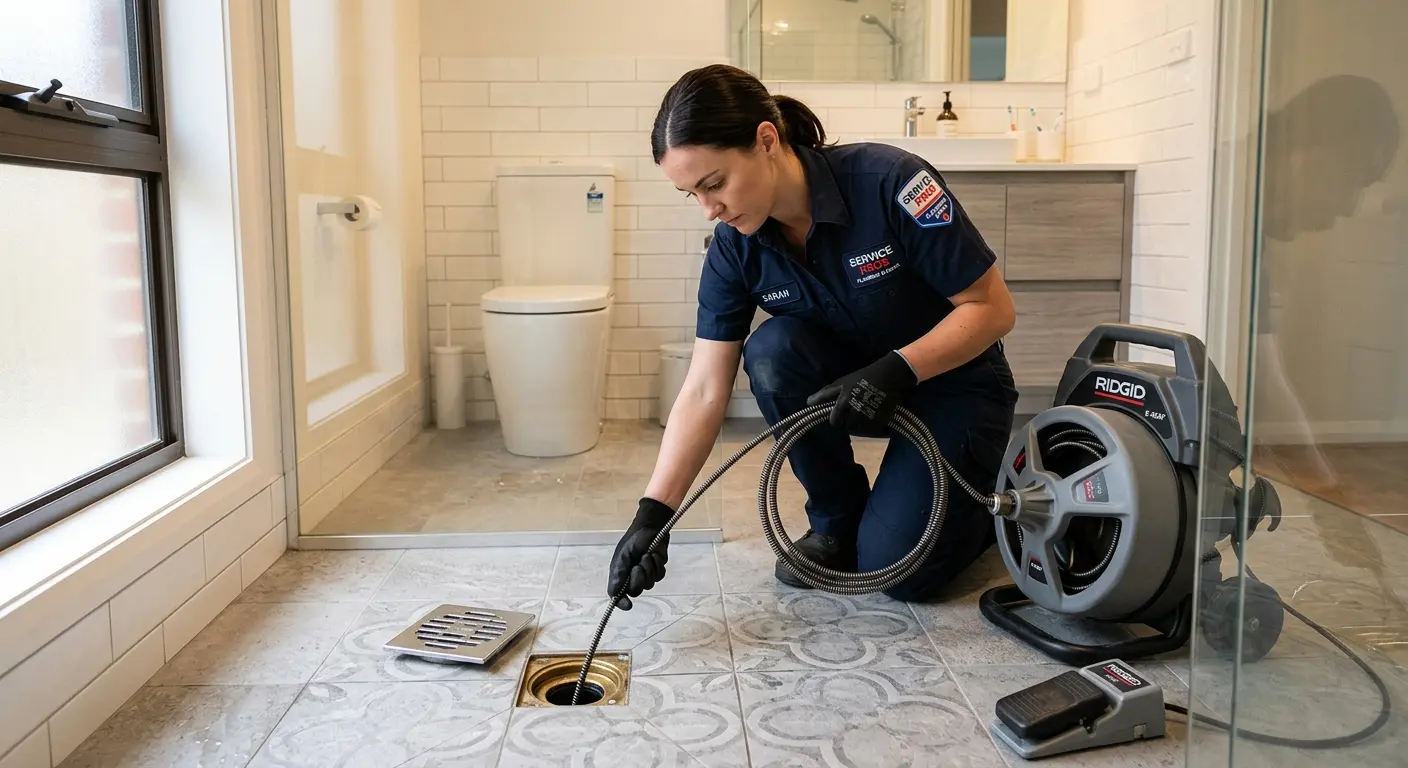Technician clearing a bathroom floor drain for Clogged Drain Repair in Welby